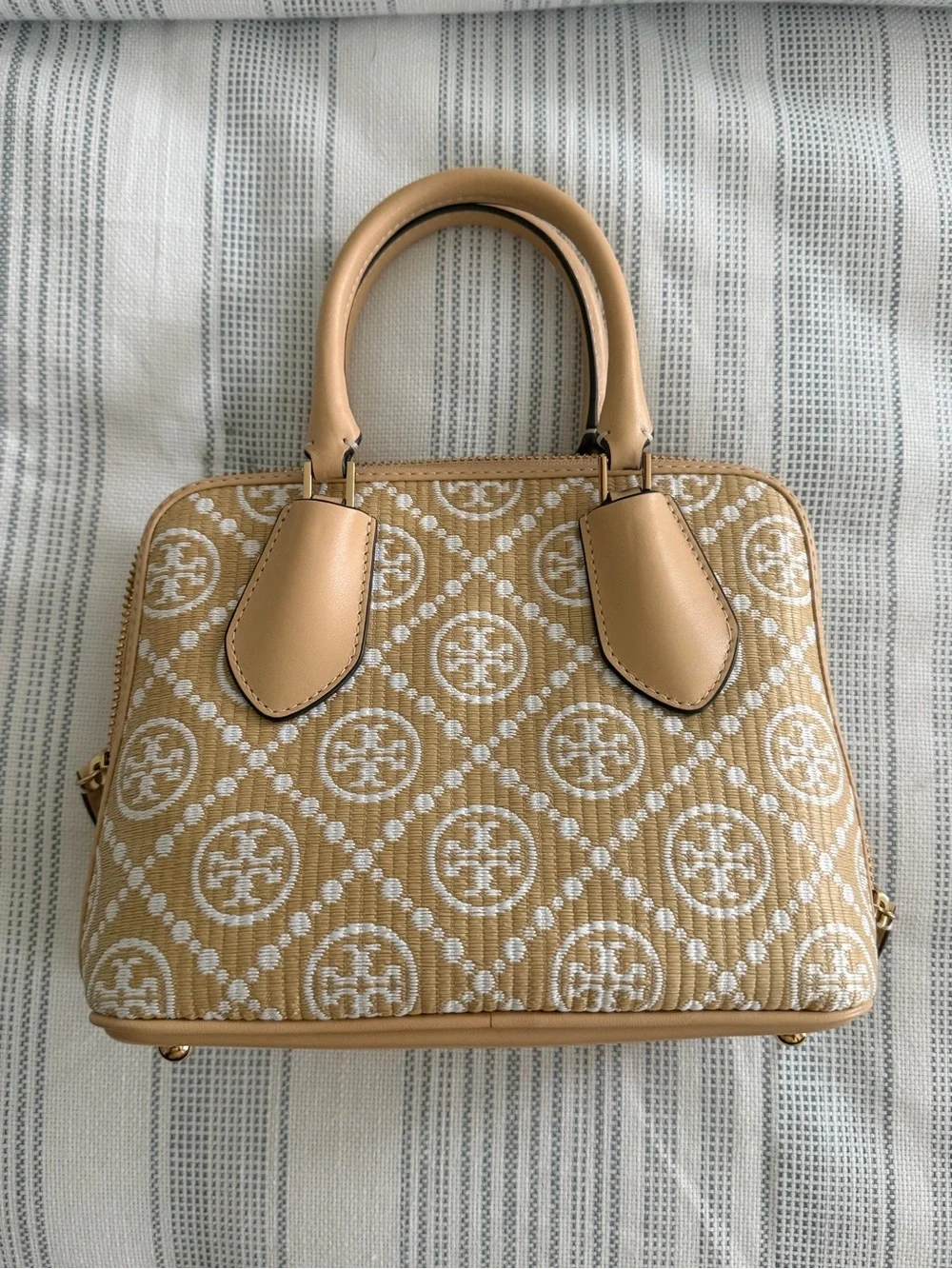 Tory Burch Cream and Light Blue Quilted Logo Satchel